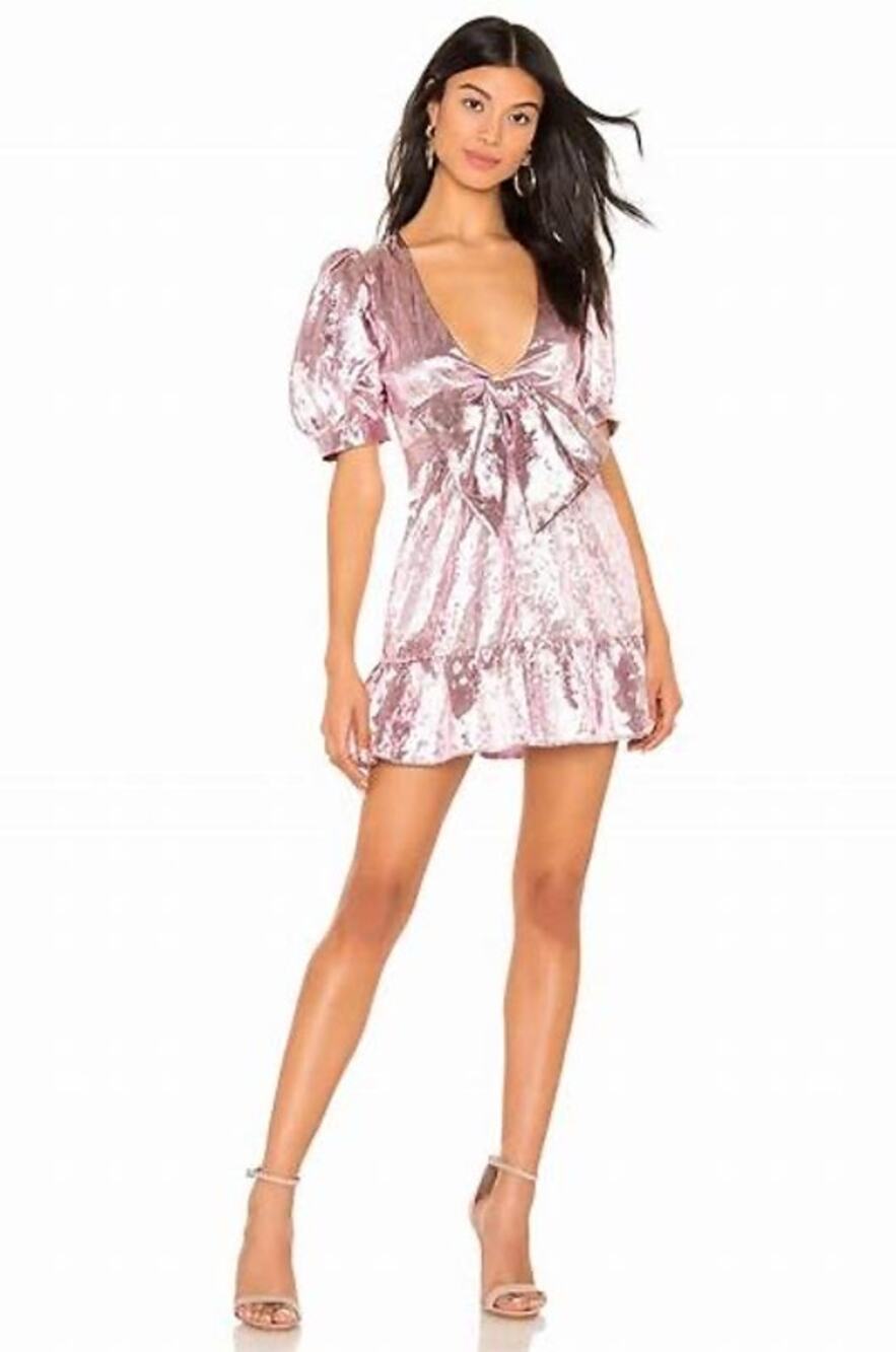 LoveShackFancy Pink Metallic Gabriella Lame Puff Sleeve Bow Mini Dress Size L